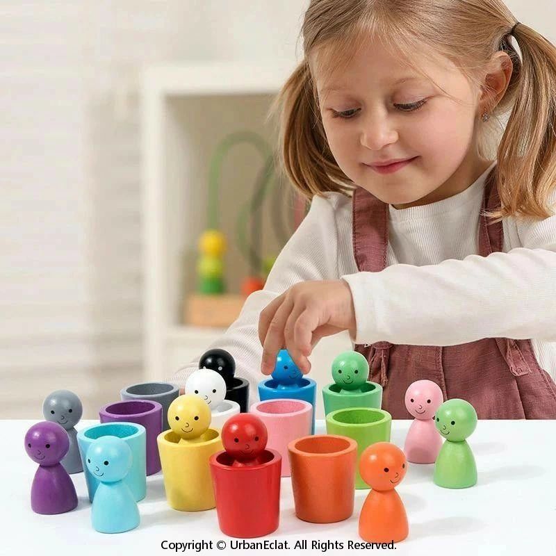 色分けカップ ペグ人形 モンテッソーリ 知育玩具 木製 幼児 教育玩具 色合わせ 数字学習 スタッキング 色認識 指先訓練 集中力 トレーニング 幼児おもちゃ 分類遊び 早期教育 教材 3歳以上 子供 おもちゃ