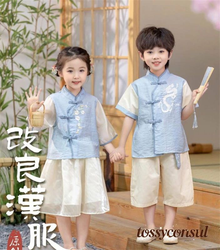 Rakuten - 子供男の子　女の子チャイナ・ドレス日常春夏 サマースーツ　セットアップ 上着スカートズボン民族風ナチュラルエスニック風スカート復古風写真撮影パーティー用ドレス　演出服 唐装漢服 キッズ　赤ちゃん改良スカート漢服仙気公演服兄妹服ペアルック親子服ブルー