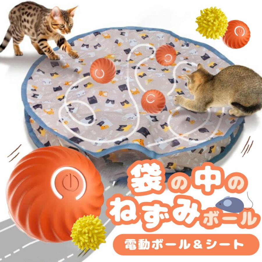 猫ちゃんの運動不足気になりませんか。幼いころはアクティブに動いていた猫ちゃんも、だんだん大人になると落ち着いてくるもの。 一緒に遊ぼうと誘ってみても、いつもの猫じゃらしはなんとなくノリが悪い。 そんな時にはこの袋の中のねずみボールで猫ちゃんの生活に刺激を加えてあげましょう。 猫ちゃんが大好きなカサカサ音がする袋の中に、予測不能な動きをするボールを入れるだけ。動いたり止まったりバウンドしたりとまるでネズミを追いかけるように狩猟本能を刺激。 ボールだけで遊んでも、カサカサ袋だけで遊んでももちろんOK。 USB充電式なので電池も不要。飼い主さんとも一緒に遊べる楽しいおもちゃです。 【興味を引き出す】 電動ボールでストレス解消！自動で動くボールが猫ちゃんの好奇心をくすぐり、楽しく遊ぶことで健康維持をサポートします。大切な猫ちゃんへの最高のプレゼントです。このおもちゃがあれば、一人でも楽しく遊べ、わくわくどきどき、楽しいプレイタイムを過ごせます！ 【省エネ及び愛猫の健康のために】 5分間遊んだ後は自動的に休憩タイムに入り、再起動する必要があります。愛猫に過剰な刺激を与えることを防ぐほか、夢中になれる時間を伸びました。この設計により、猫の注意力や反応を向上させつつ、電力を効率的に節約します。1回1時間の充電で3時間程度遊べるので、安心してご利用いただけます。 【商品情報】 ●商品名：電動 猫じゃらし （袋の中のねずみボール） ●サイズ：シート：約71×71cm、ボール：直径5.5cm、ボールカバー：9.5×6.5cm ●素材：ナイロン/TPU ●バッテリー容量：300mAh ●【製造国】中国 ●ご注意：振動ボールはガタガタと縦に振動するため、布の端に引っかかることがあります。ペットがボールを動かさない場合は、お手数ですが手で移動させてください。