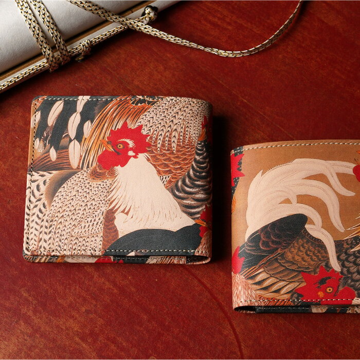 【 HIRAMEKI. 公式 】二つ折り財布 本革 日本製｜群鶏 伊藤若冲【 アートヌメレザー 】 薄い スリム 薄型 軽量 軽い 小さい コンパクト 折りたたみ 使いやすい ヌメ革 和柄 和風 レディース 女性 メンズ 男性 ブランド 人気 国産 一粒万倍日 天赦日 ヒラメキ
