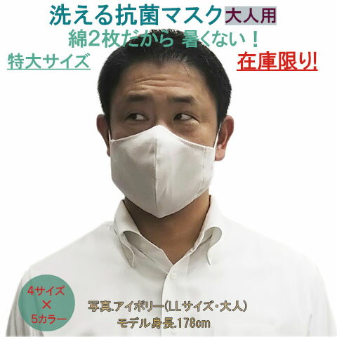 LLサイズ♪ 洗える抗菌マスク クレンゼ(CLEANSE) クラボウ 日本性 薄い 綿2枚なので暑くない 色はアイボリーのみ 大きいサイズ 大きめ 特大 男性 抗菌 抗ウイルス あす楽対応商品 クロネコDM便 送料無料 即日発送のサムネイル