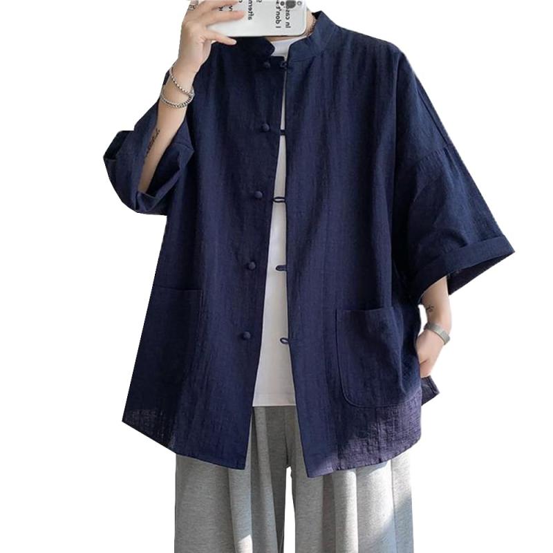 [YEOREO] シャツ チャイナ服 メンズ シャツ メンズ 半袖 無地 七分袖 綿麻 中華服 トップス カジュアル 茶師服 演舞 ゆったり シンプル 中華風 チャイナボタン 大きいサイズ 唐装 夏春服 カンフ(3)