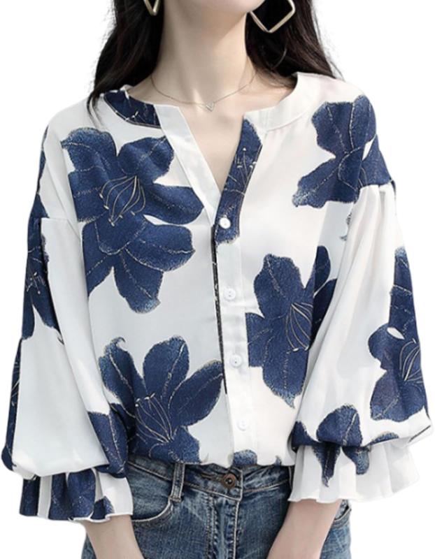[ニーマンバイ] 花柄 シフォン ブラウス レディース バルーン袖 7分袖 シャツ 春 夏 きれいめ トップス
