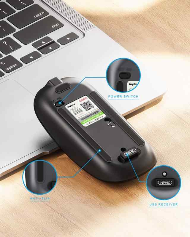 INPHIC 充電式 ワイヤレスマウス、[アップグレード：バッテリーレベル表示]、無線 静音マウス 超薄型 コンピューターマウス1600 DPI、Mac/Windows/Surface/Microsoft Proに対応、黒