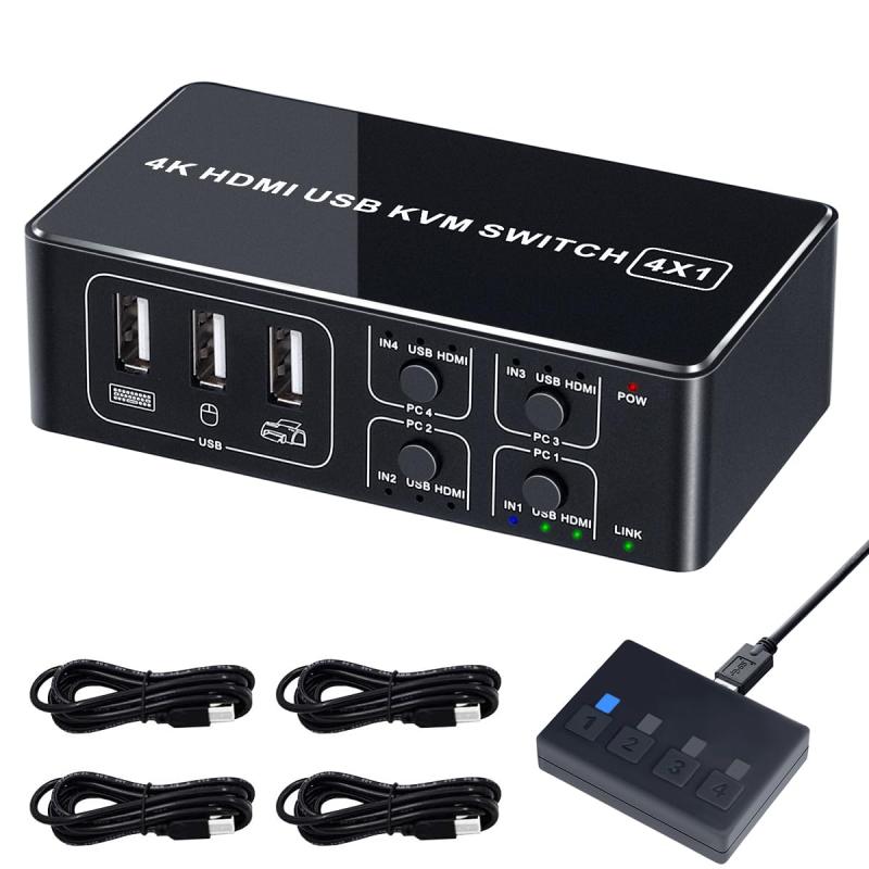 ELEVIEW KVMスイッチ 4K HDMI USB 切替器 4ポート(PC4台用)4K@60Hz HDMI2.0 HDCP2.2 キーボード/マウス/モニターを共有 簡単接続 ドライバー不要 手元スイッチ&USBケーブル付き EHD-0610