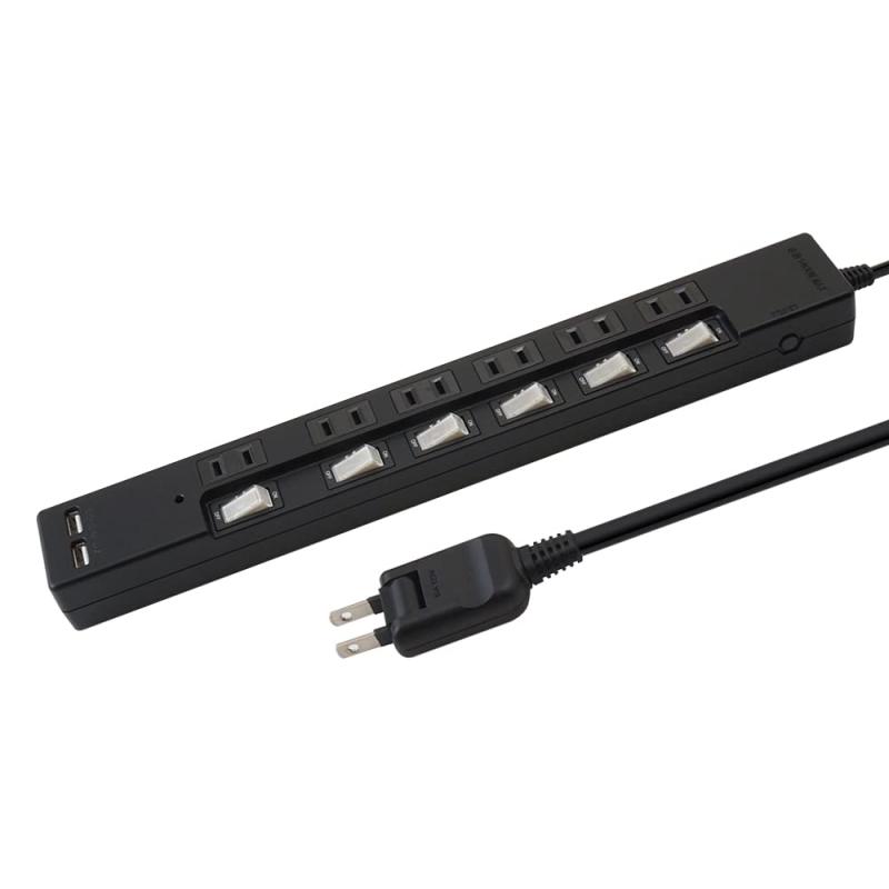 スタイルド USB充電付き 電源タップ コンセント 6個口 USB 2口 (合計3.4A出力 自動識別IC搭載) 雷ガード ブレーカー 個別スイッチ スイングプラグ テレワーク 18ヵ月 (コード2m・1個, ブラック