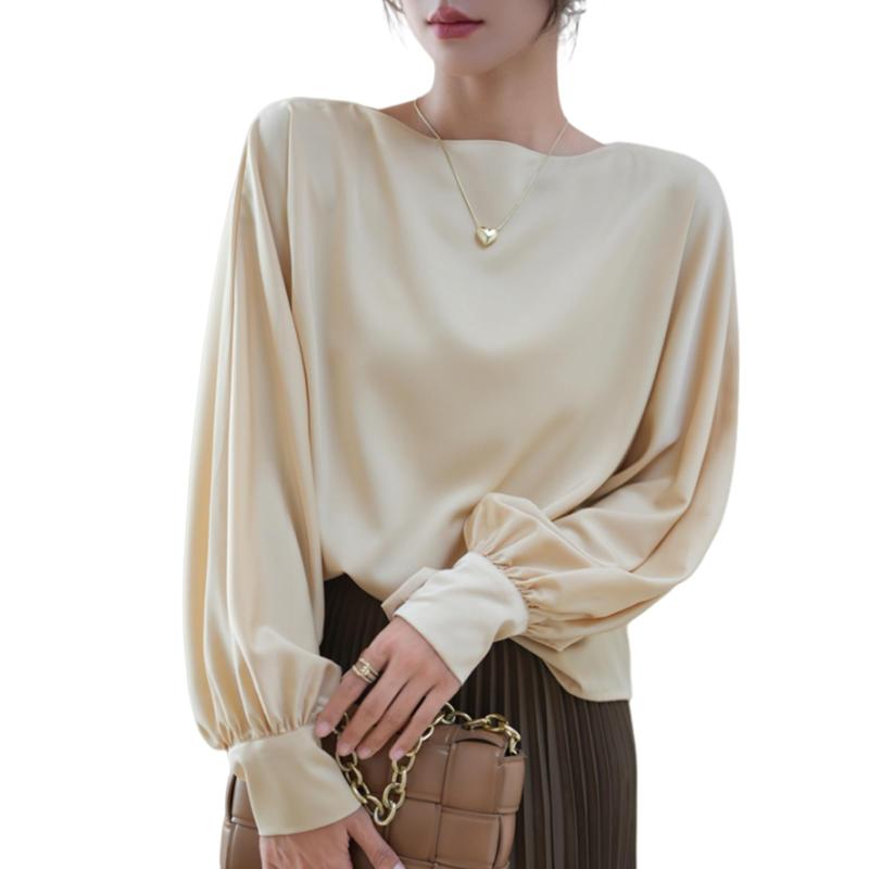 [Leadamon-oee] ブラウス レディース シャツ 長袖 秋 おしゃれ オフィス 長袖tシャツ パフスリーブ トップス 大きいサイズ ゆったり カットソー 無地 体型カバー 可愛い ボートネック 着痩せ 大