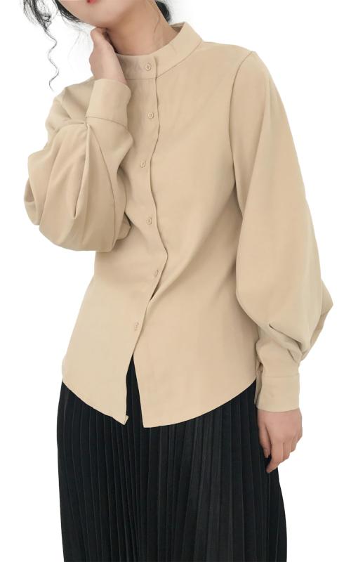 [Hanmall] シャツ ブラウス レディース 長袖 スタンドカラー ボリュームスリーブ オフィス フォーマル きれいめ ゆったり パフスリーブ トップス カジュアル 無地 普段着 通勤