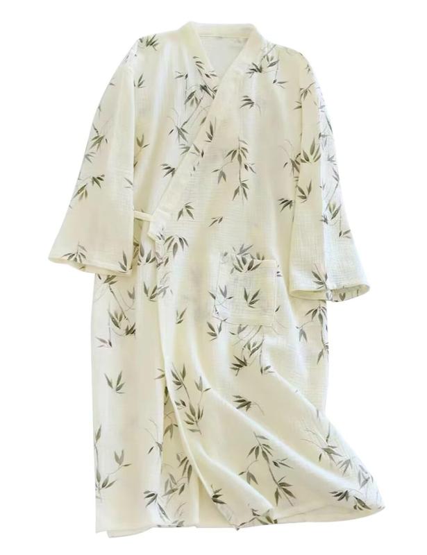 WULFUL バスローブ レディース ガウン 綿100 ダブルガーゼ 浴衣 和風パジャマ お風呂上がり ルームウェア 部屋着 寝巻き 可愛い 花柄 甚平風 メンズ ナイトウェア 薄手 春 夏 秋 化粧着 ホテル