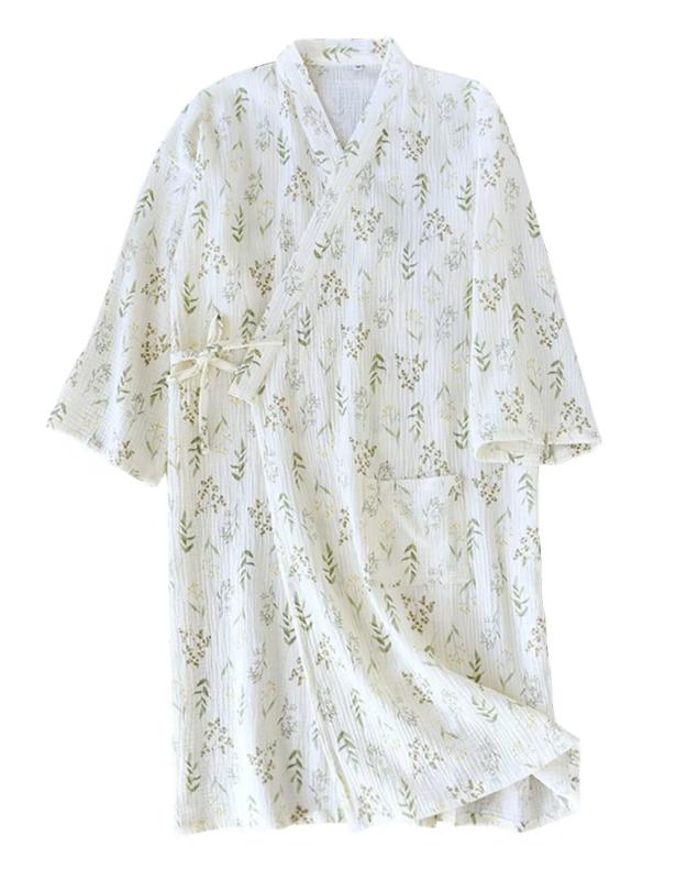 WULFUL バスローブ レディース ガウン 綿100 ダブルガーゼ 浴衣 和風パジャマ お風呂上がり ルームウェア 部屋着 寝巻き 可愛い 花柄 甚平風 メンズ ナイトウェア 薄手 春 夏 秋 化粧着 ホテル