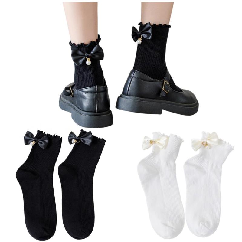 [FASELE] 靴下 ソックスレディース ロリターソックス JK 制服 女の子 真珠 リボン レース 花柄 可愛い 綿 黒 白 春夏秋冬用 通勤 通学 22-25cm