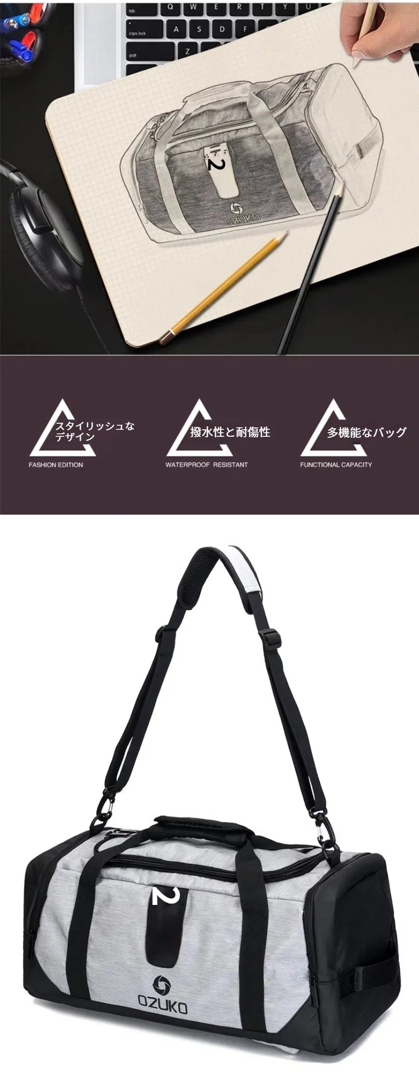 OZUKO ボストンバッグ メンズ バックパック ショルダーバック リュックサック 乾湿分離 スポーツバッグ 撥水加工 pc収納 通勤リュック ジムバッグ メンズ 大容量 旅行鞄 多機能 通勤 通学 出張 大容量リュック 男女兼用 hiroba888-10046004 mixmax サンプル画像3