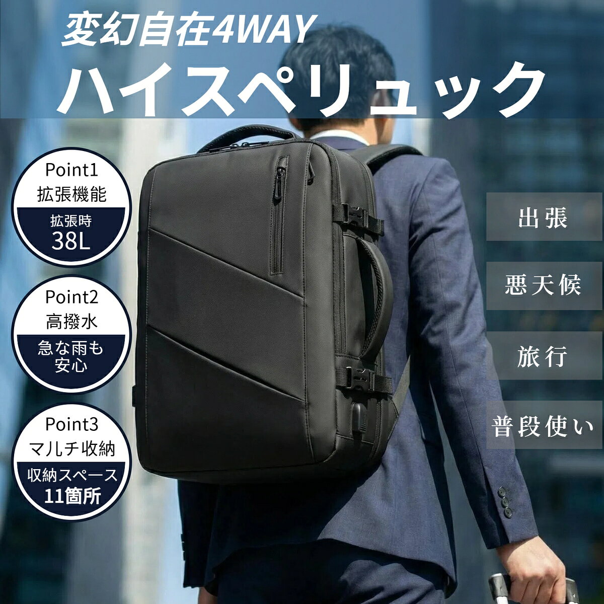 リュック ビジネスリュック バックパックリュックサックメンズ 大容量 4way 拡張可能 マチ拡張 15.6インチPC収納 38L 多機能 USB充電ポート 盗難防止 23L 1つ4役 機内持ち込み 撥水加工 耐衝撃 通勤 出張 旅行 通学 男女兼用 旅行バッグ hiroba888-10038801 mixmax サンプル画像2