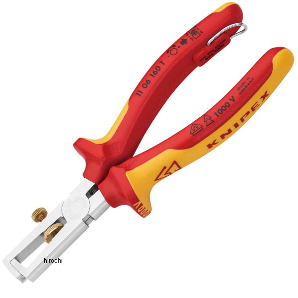 1106-160TBK クニペックス KNIPEX 絶縁エンドワイヤーストリッパー 落防(BK)ヘッド仕上げ:クロームメッキハンドル仕様:1000V絶縁(VDE絶縁テスト済み)オープンスプリング付絶縁被膜剥ぎ取りの数値(mm2):10.0AWG:7絶縁被膜剥ぎ取りの数値（直径;φmm):5.0全長:160mm質量:168gシングル/マルチ/細線導体（プラスチックまたはラバー絶縁付き、最大直径5.0mmまたは導体断面積10m）。単線もしくは撚り線の径に合わせ、ローレットねじとロックナットで簡単に調節できます。特殊工具鋼、鍛造品、油焼き入れ。滑り落ち防止を取り付けるための一体型絶縁固定留め輪付き。※商品デザインが変更となる場合がございます。予めご了承くださいませ。1106-160TBK楽天 HD店　