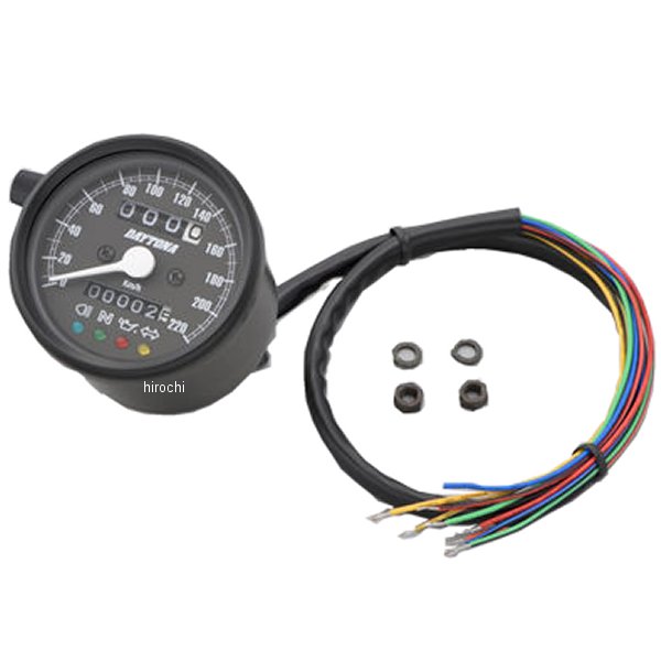 デイトナ 機械式スピードメーター φ60 LED照明 220km インジケーター付き汎用(12Vバッテリー車専用)ホディカラー:マットブラックパネルカラー:ブラックボディ素材:スチール【仕様説明】クラシカルなパネルデザインで220km/h表示のスピードメーターです。夜間でも視認しやすいLEDバックライトの文字盤を採用。ハイビーム(青)、ニュートラル(緑)、油圧(赤)、ウインカー(橙)の LED インジケーター付き。※取り付けには、防振メーターステーが必要です。※スピードメーターは国産モデルで一般な「60km/h=1,400rpm」規格の純正機械式メーター車(メーターケーブルを使用する車両)であれば基本的に使用できます。メーター規格が異なる外車や、一部旧車などには使用できません。※12Vバッテリー車専用。バッテリーレス車、6Vバッテリー車(12V電装にコンバートしたモデルも含む)では正常に作動しません。※完全防水ではありません。メーター内外の気温差や湿度により、ガラス面が曇る場合があります。※純正メーターを取り外すことによって、各種インジケーターが使用できなくなる場合があります。必要に応じて別途ご用意ください。※メーターケーブルは消耗品です。アウターチューブに亀裂や破損があると、メーター内部に水分や油分、埃などが侵入し、故障の原因になります。機械式メーターを交換する際は必ずメーターケーブルの点検も同時に行ない、必要に応じて新品に交換してください。※スピードメーターとタコメーターは内部構造と文字盤色の違いにより、発光状態(特に夜間)の差が出てしまいます。あらかじめご了承ください。※ハーネスの結線は車両に合わせた加工が必要です。ギボシ端子等は別途ご用意ください。15627楽天 HD店　