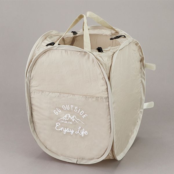 容量：約30Lサイズ(W×D×H)mm：380×380×500重量：240g材質：本体生地：ポリエステル、フレーム：バネ鋼組立簡単なポップアップ式畳んでコンパクトに収納できます。洗い物などの整理にも便利フック付きでゴミ袋の2分別が可能タープ...