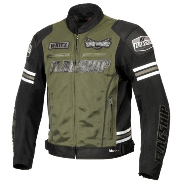 フラッグシップ FLAGSHIP 2024年春夏モデル イクシードメッシュジャケットサイズ:LLカラー:ダークグリーン【素材】表地:ポリエステルメッシュ/ストレッチニット裏地:ポリエステルメッシュインナー:ナイロン(PU)【仕様】・通気性・リフレクター搭載・3D立体裁断・肩、肘、背プロテクター標準装備・胸プロテクターオプション【商品特徴】ライディングに特化した立体裁断により、長時間ライドでも疲れにくく快適なツーリングをサポート。立体的な切り文字ロゴや刺繍ワッペンが織りなす、伝統的なバイカーデザインのロードスポーツメッシュジャケット。FJ-S214楽天 HD店