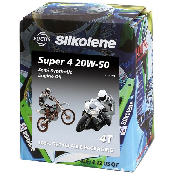 シルコリン SILKOLENE 4st エンジンオイル SUPER 4容量:4L粘度:20W-50規格:JASO MA2半合成4ストロークスポーツバイク用オイル次世代のプレミアムオイル製法であるMC-syn(分子変換化学合成)テクノロジーで製造される半化学合成オイルです。従来の化学合成オイルにも引けをとらない耐久性とエンジン保護性能を誇ります。20W-50はチューニングマシンの真夏での使用にベストチョイスです。またハーレーなどの大型空冷Vツインエンジンやモノグレードオイルが推奨されているヴィンテージバイクにも20W-50がお勧めです。※パッケージデザインは変更になる場合がございます。予めご了承下さい。SIL602685728楽天 HD店
