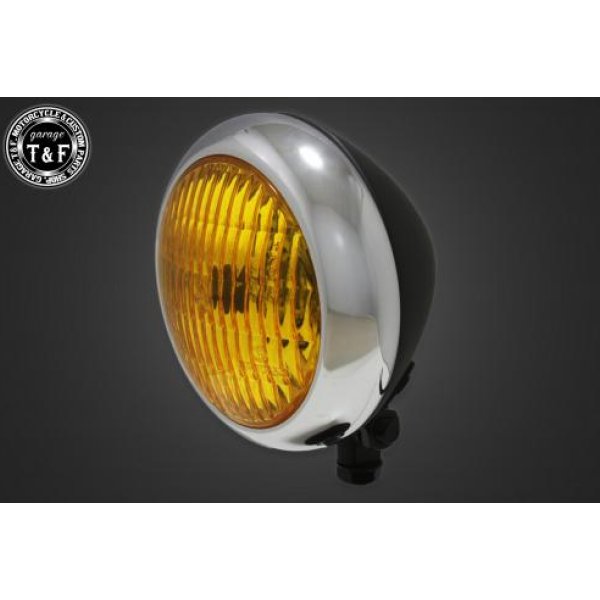 ガレージT&F 4.5in トラクターヘッドライト(メッキ/マットブラック)イエローレンズ+ステーC SR400 4023201 HD店