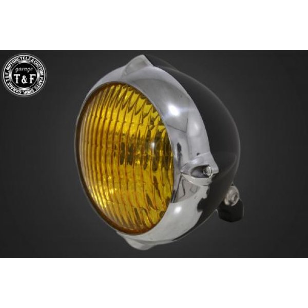【New】 ガレージT&F 5.75in ビンテージヘッドライト(ポリッシュ/マットブラック)クラシックレンズ(イエロー)+ステーC SR400 4021275 HD店