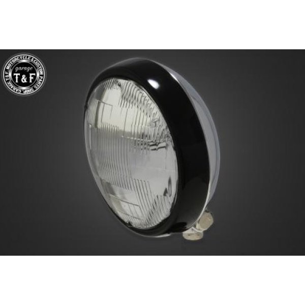 ガレージT&F 5.75in プレートヘッドライト(ブラック/メッキ)クリアーレンズ+ステーG エストレヤ(RS、カスタム) 4022640 HD店