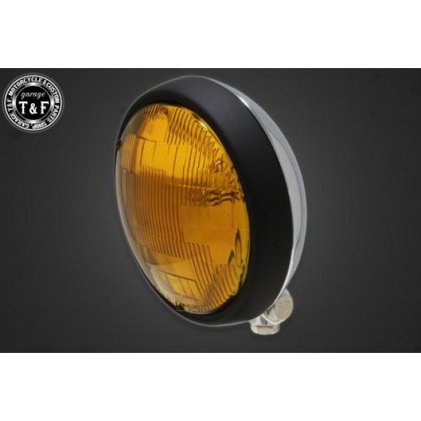 【New】 ガレージT&F 5.75in プレートヘッドライト(マットブラック/メッキ)イエローレンズ+ステーB バルカン400クラシック 4022659 HD店