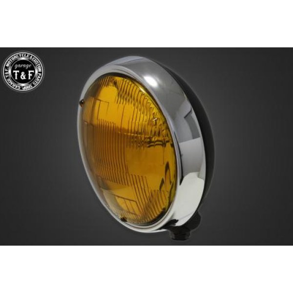 【New】 ガレージT&F 5.75in プレートヘッドライト(メッキ/マットブラック)イエローレンズ+ステーD スティード400(VLS) 4022698 HD店
