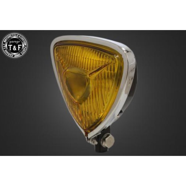 【New】 ガレージT&F ビンテージトライアングルヘッドライト(メッキ/ブラック)イエローレンズ+ステーC SR400 4021852 HD店
