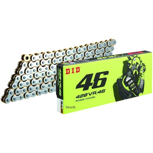 DID 大同工業 チェーン 530VR46-128L ZJ カシメ 428サイズサイズ：428シリーズ:VR46リンク数:128ジョイントタイプ:ZJD.I.Dブランドアンバサダーを務める、バレンティーノ・ロッシ選手のコラボ製品。(VXベース/VR46シグネチャーモデル)外プレートはシルバー、内プレートはゴールドを採用。ジョイントにはVR46をモチーフにしたイエローの専用カラー。※商品画像はイメージです。実際の商品と異なる場合がございますのでご注意ください。4525516473293楽天 HD店