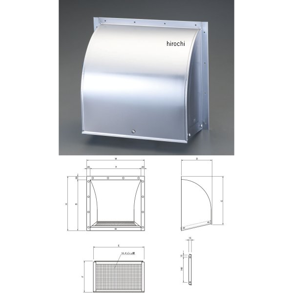 材質：ステンレス(SUS430)防虫網：ステンレス製16メッシュサイズ（mm）：A：350、B：350、C：315、D（張出し）：180、H：370、W：390、E：349、F：182.9適用換気扇：300mm虫や鳥などのフード内への侵入を防ぎます。網部分は取り外せてメンテナンスも容易です。000012233756楽天 HD店　