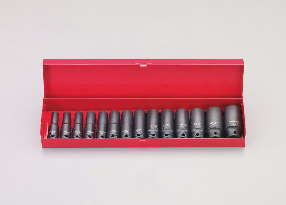差込角：3/8"全長：63から63.5mmケースサイズ：85X345X45（H）mm総重量：2.1kg8・9・10・11・12・13・14・15・16・17・18・19・21・22mmピン・リングは付属しておりませんので、別途お買い求めください。14個組みケース付き000012236232 HD　