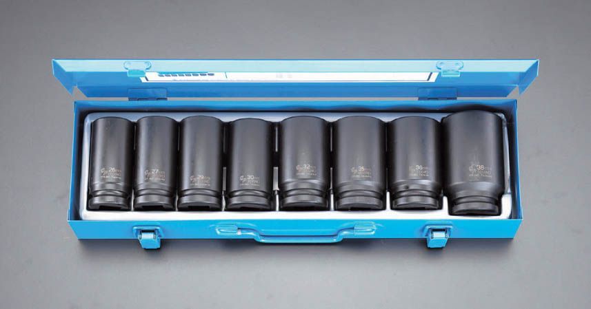 対辺（6角）：1"・1-1/16"・1-1/8"・1-1/4"・1-5/16"・1-3/8"・1-7/16"・1-1/2"差込角：3/4"外径：38から44mm全長：85mm(38mm、1-1/2"は95mm)8個組000012026252 HD　