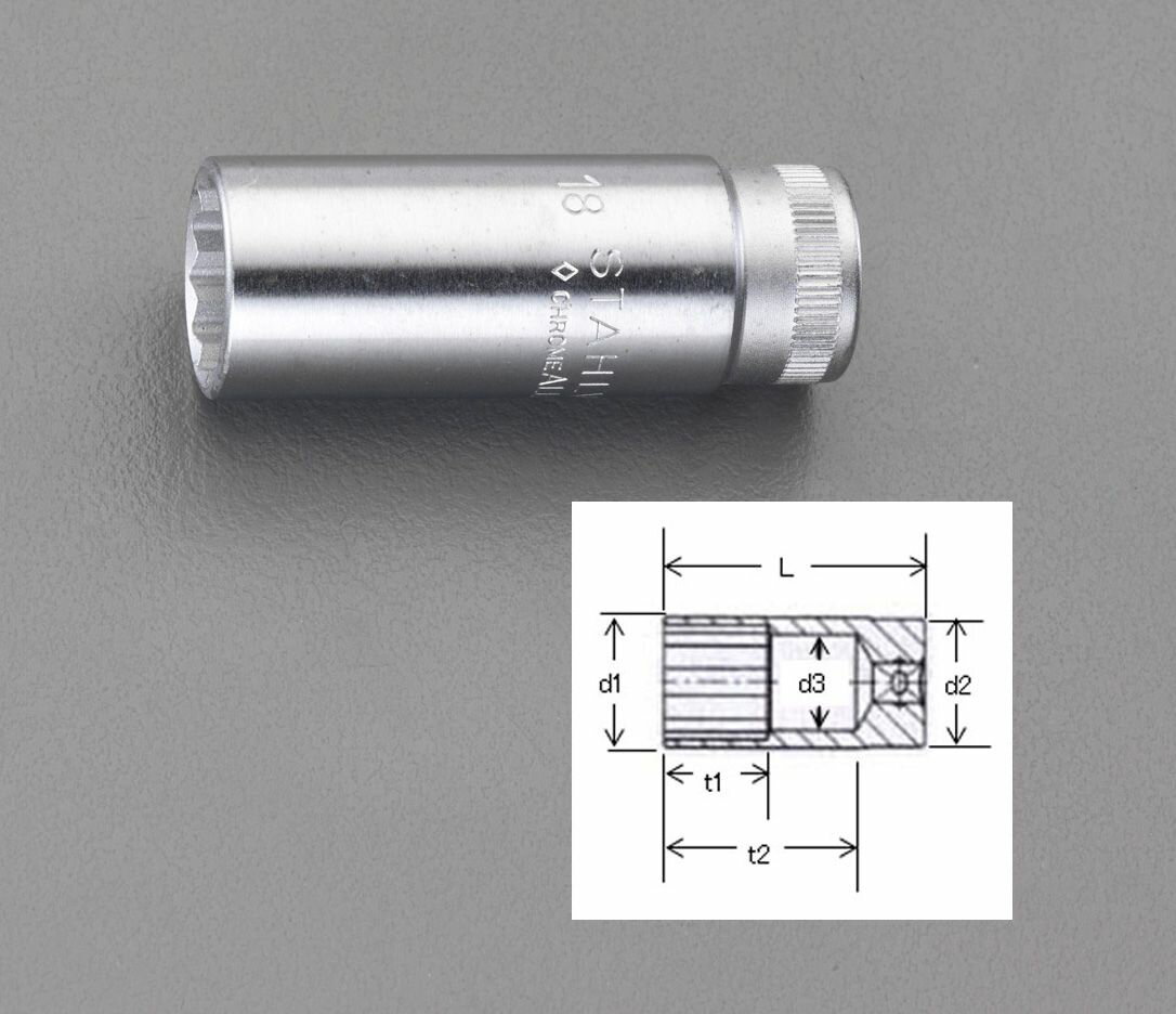 ●差込角…3/8”●対辺…8mm●外径(d1)…11.7mm●全長(L)…54mm●寸法…d2：16.5mm d3：7mm t1：9mm t2：42.5mm●重量…36g●材質…クロム合金鋼クロムメッキ仕上げ12ポイント000012238869楽天 HD店　