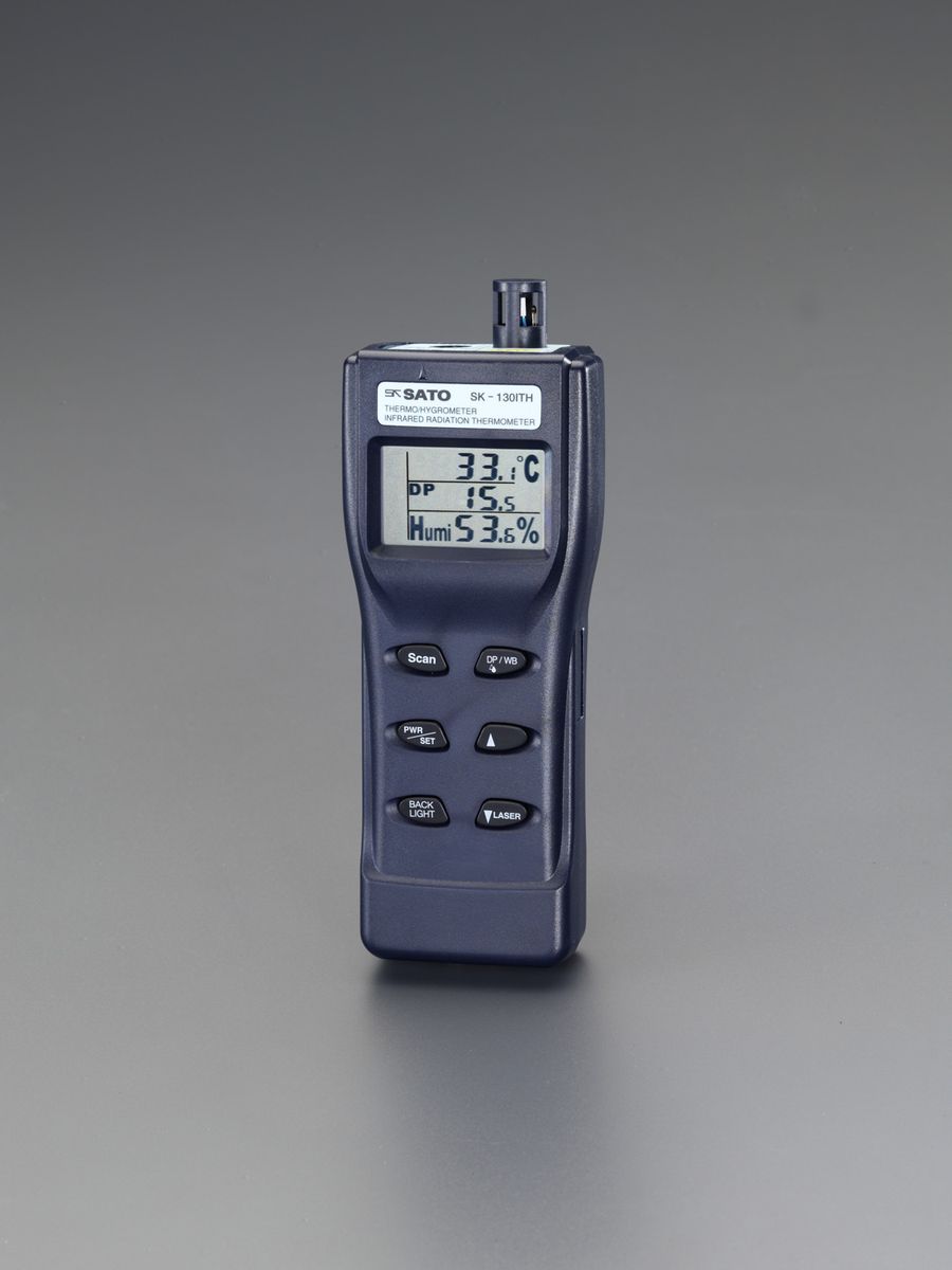 ●測定範囲…温度：0〜50℃、湿度：10〜95％RH、表面温度：-20〜105℃、露点・湿球温度は演算表示●分解能…温度・表面温度：0.1℃、湿度：0.1％RH●精度…温度：±0.6℃、湿度：±3％RH(20〜90％RH/20〜30℃)、±5％RH(その他)、表面温度：±2.0℃(条件による)●距離係数…6：1●放射率…0.30〜0.99(設定可)●機能…データホールド、オートパワーオフ、バックライト●電源…単4電池×4本(付属)●サイズ…70(W)×49(D)×170(H)mm●重量…235g(電池含む)レーザーマーカー付(1ポイント)ハードケース付物体の表面温度と周囲雰囲気の露点から結露発生を予測000012264083 HD