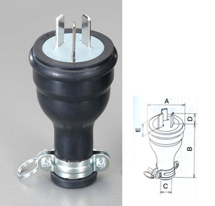 ●定格:20A 250V●適用電線:2・3.5mm2●プラグ:3P●サイズ:A:φ54mm B:90mm C:φ13-14.5mm D:20mm E:23mm防水プラグRoHS対応品000012242261 HD　