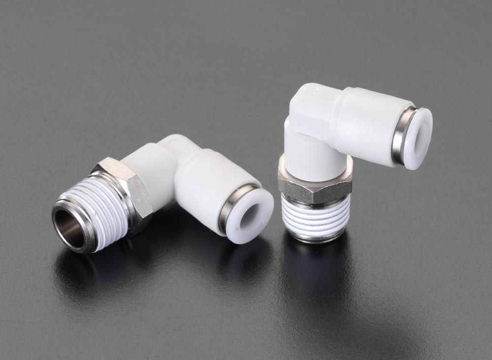 ●材質:真鍮、樹脂(PBT)●使用流体:空気●使用圧力:0-1MPa(0-10kgf//cm2)●使用温度:-15-60°C●チューブ外径:6mm●取付ねじ:R（PT）1/4"●入数:2個000012002279 HD　