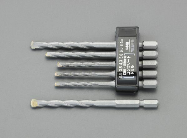 材質：超硬タングステン六角シャンク：6.35mm回転・振動兼用型ブロック、モルタル、ALC、レンガ、陶磁器、タイル、コンクリートなどの穴あけに入数：6本サイズ：3.4・3.5・4.3・5.0・6.0・6.4mm000012292246楽天 HD店　