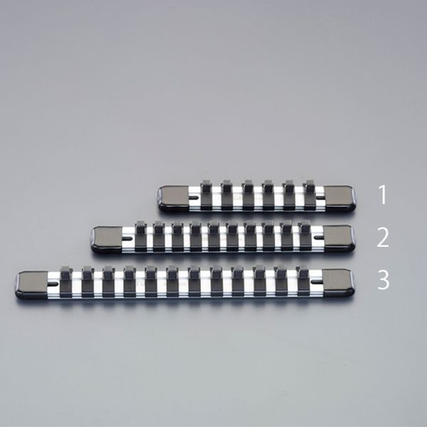 差込角：1/4”クリップ数：12全長(mm)：250サイズ(mm)：D：26 H：21重量(g)：76クリップは樹脂製（鋼球付き）でソケットの取り外しが容易。ソケットを装着したままレール上をスライド可能。ねじ穴付きで壁掛けやデスク固定が可能。入数：1個EA618HZ-3楽天 HD店　
