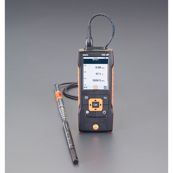 メーカー：テストー（testo）型番：05634400〈計測器仕様〉測定範囲：NTC：-40〜150℃ K熱電対：-200〜1370℃精度：温度（NTC） （22℃、±1digit） ±0.4℃ (-40〜-25.1℃) ±0.3℃ (-25〜74.9℃) ±0.4℃ (75〜99.9℃) 測定値の ±0.5%) (その他の範囲) K熱電対 ±(0.3℃＋測定値の0.3%)分解能：0.1℃サイズ：154×65×32mm重量：250g電源：単3電池×3本（付属）電池寿命：12時間インターフェイス：Bluetooth　USB保管温度：-20〜50℃動作温度：-20〜50℃〈プローブ仕様〉測定範囲：NTC：-20〜70℃ 絶対圧：700〜1100hPa 熱線式：0〜30m/s精度：NTC：±0.5℃ 絶対圧：±3.0hPa 熱線式：±(0.03m/s＋測定値の4%) (0〜20m/s) ±(0.5m/s＋測定値の5%) (20.01〜30m/s)分解能：NTC：0.1℃ 絶対圧：0.1hPa 熱線式：0.01m/sサイズ：315×12×12mm重量：90gケーブル長：1.7mプローブシャフト末端直径：12mmセンサープローブヘッド直径：φ9mm伸縮式ロッド装着時：850mm保護等級：IP20保管温度：-20〜70℃動作温度：-20〜70℃付属品：単3電池×3本、USBケーブル、固定ケーブル(1.7m)、伸縮ロッド(300〜850mm)、ソフトケース簡単な操作でダクト内・給排気口の風量演算などが可能。大画面カラーディスプレイに3つのパラメータを分かりやすく表示。入数：1式EA739AH-10楽天 HD店　