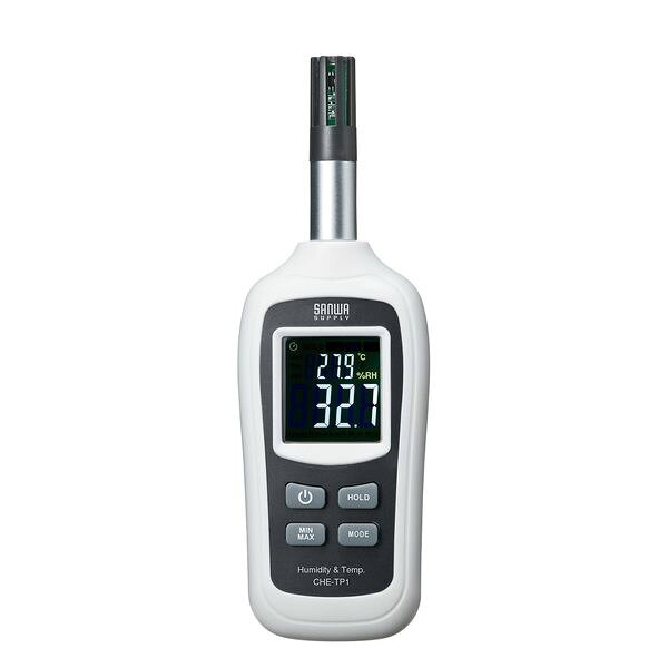 メーカー：サンワサプライ型番：CHE-TP1測定範囲：湿度：0〜100％ 温度：-20〜60℃ 露点温度：-20〜60℃ 湿球温度：-20〜60℃分解能：湿度：0.1 温度：0.1 露点温度：0.1 湿球温度：0.1電源：単4乾電池×3本バッテリー寿命：50時間精度：湿度：±3.0％（45〜75％の場合）、 ±4.5％（その他の場合） 温度：±1.0℃ 露点温度：±1.5℃ 湿球温度：±1.5℃サイズ：56(W)×30.5(D)×168(H)mm重量：75g（電池含まず）動作条件：温度：-20〜60℃ 湿度：10〜90％保存条件：温度：-20〜60℃ 湿度：10〜75％住居、事務所、学校環境・温室等の温度・湿度測定に使用できます。測定した値を固定表示可能なホールド機能が付いています。暗いところでも表示が見やすいバックライト機能が付いています。湿度最大・最小のデータ記録が可能です。オートパワーオフ機能付きで、長時間使用しない際、自動的に電源を切ってくれるので、電源の切り忘れがありません。電池が少なくなると電池残量アイコンが表示され、電池交換をお知らせします。サイズ(W×D×H)mm：56×30.5×168重量(g)：75動作条件：温度/-20〜60℃湿度/10〜90％データ更新：0.5s簡単に操作できるデジタル表示の温度湿度測定器です。入数：1個000012335060楽天 HD店　