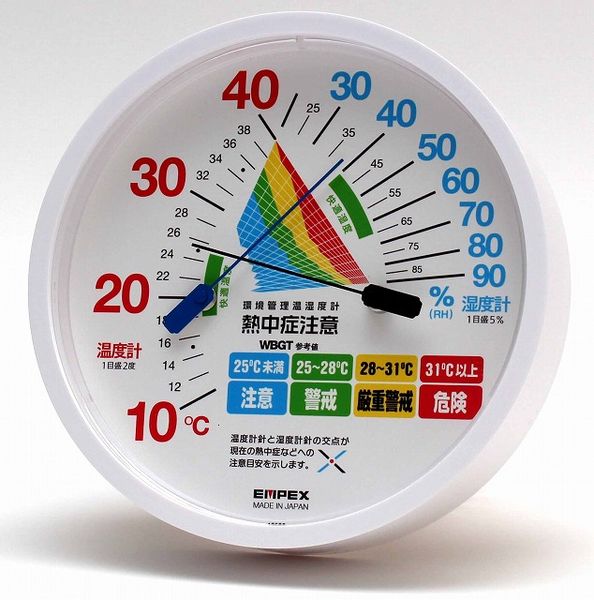 メーカー：エンペックス気象計（EMPEX）型番：TM-2464サイズ：φ120×27mm重量(g)：95材質：PS樹脂、アクリル樹脂測定範囲：温度：10〜40℃ 湿度：20〜90%RH精度：温度：±1℃（0〜40℃） 湿度：±7%RH以内（35〜75%RH常温）付属：壁掛けフック、木ネジ壁掛け用フック、ネジ付。※直射日光、直接風雨が当たる場所への設置はお控えください。温度計針と湿度計針の交差点で4段階のWBGT参考値をお知らせWBGT参考値は温度と湿度から算出した熱中症注意目安の指数になります防雨型タイプ屋外設置可能※直射日光や激しい風雨が当たる場所での設置不可電池不要でエコ、手間いらず壁掛用★熱中症の注意レベルを「注意」「警戒」「厳重警戒」「危険」の4段階で表示入数：1個000012347012楽天 HD店　