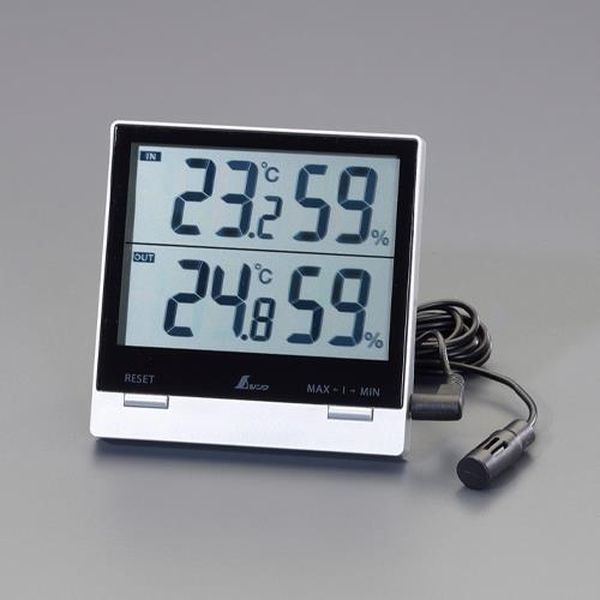 ●分解能…0.1℃/1%RH●電源…単4電池×1本(付属)付属の電池はモニター用のため寿命が短い場合があります。●注意…付属電池はテスト電池ですので新しい電池をご購入下さい。●本体サイズ…103×102×18mm●プローブサイズ…外部センサー部：φ11×35mmコード長：3m●重量…162g(電池含む)●精度…温度-5〜50℃：±1℃、それ以外：±2℃湿度40〜80%：±8%、それ以外：±10%●測定範囲…温度内部センサー：-5〜50℃外部センサー：-10〜70℃湿度内部センサー：30〜95%外部センサー：30〜95%●防水性能…外部センサー：IPX7（一時的（30分以内）に一定水深 （1m以内）に水没しても内部に浸水しません。）●材質…本体：ABS樹脂外部センサー：真ちゅう、塩化ビニル樹脂●室内(IN)と室外(OUT)の温度と湿度を同時に表示します。●広い視野角で明るさ、映り込みにくさ、フォントにこだわった液晶表示です。●スタイリッシュな外見のフラットサーフェスモデルです。見栄えにこだわりたい空間の温度・湿度管理に最適です。●外部センサーは、雨の日でも安心な防水仕様です。●最高温度・湿度と最低温度・湿度を切り替えて表示することができます。●スタンドで置型に、フック穴で壁掛けにできます。EA728AF-51楽天 HD店　