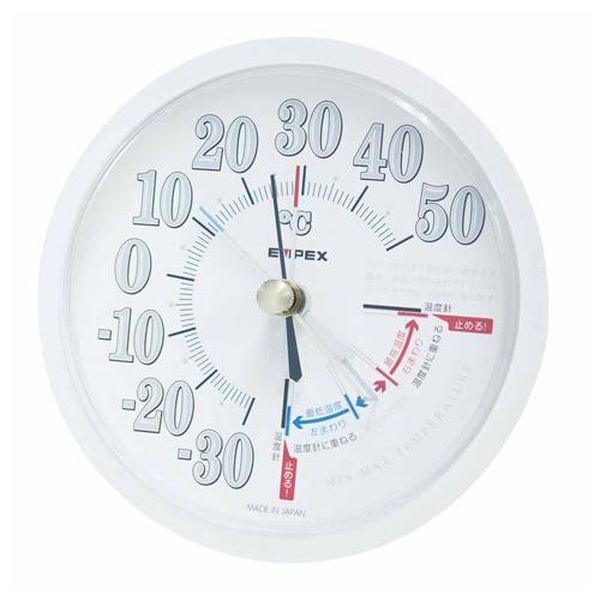 ●測定範囲…−30〜50℃●サイズ…φ120×37mm●材質…枠：PS樹脂●重量…140g●精度…±1℃（0〜40℃）●設置できない場所…直射日光の当たる場所直接風雨が当たる場所粉塵等の多く発生する場所目盛範囲外の環境消毒液・薬剤・ガス等がかかる場所温室・浴室などの高温多湿になる場所●最高温度と最低温度をメモリーできるアナログ温度計です。●防雨型として屋外設置にも対応しています。●電池不要で計測をします。●安心と信頼の日本製。●壁掛用●※精密機器につき強い衝撃を与えないでください。EA728EB-130楽天 HD店　