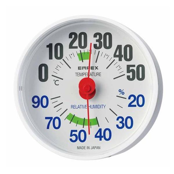 ●測定範囲…温度：0〜50℃湿度：20〜90%RH●サイズ…φ64×35mm●材質…枠：PS樹脂●重量…32g●精度…温度計：±1℃（−20〜40℃）湿度計：±5%RH（35〜75%RH常温）●数字も見やすいルシード温湿度計シリーズ●「見やすさ」にこだわったアナログ温度・湿度計です。●文字盤内の数字を大きくし、温度と湿度で色分けをしました。●快適ゾーン付き。本体は置き場所を取らないコンパクトタイプです。●卓上と背面に吸盤、吸盤を外せば掛け穴にもなります。●電池不要、操作不要で設置をするだけで計測をします。●安心と信頼の日本製。●吸盤付●掛・置兼用●※精密機器につき強い衝撃を与えないでください。EA728EB-69楽天 HD店　