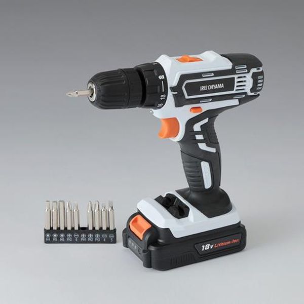 ●仕様…バッテリー・充電器付●最大トルク…25N・m●チャック能力…10mm●バッテリー…18V（リチウムイオン2.0Ah）●充電器…AC100V●充電時間…60分●回転数…低速：0〜450rpm高速：0〜1350rpm●サイズ…200×75×226mm●重量…1.3kg●付属品…バッテリー×1個、充電器、ビットセット（10種）●使用可能なビットサイズ…直径1〜10mm(六角/丸軸対応)●軽量でハイパワーの充電式ドライバドリルです。●組み立て作業やDIYに最適です。●動作スイッチを押すと正面のライトが点灯し、暗闇などでの作業に便利です。●ビットセット（10本）付きで、さまざまなシーンに対応可能です。●組み立て家具にオススメ。18Vだから馬力が違う。●使いやすいコンパクトボディ。握りやすさ抜群の滑りにくいソフトグリップ。●力を入れずにラクラクネジ締め。軽量・コンパクトなボディに本格的な機能を搭載。穴あけ、ネジ締め、家具の組み立て、日曜大工・DIY等に活躍します。●POINT1　スピード調節回転スピードはツマミで2段階切り替え可能。ネジを入れる素材に合わせて、高速と低速の2段階にスピードを切替え。さらに、トリガーで細かなスピード調整が可能。速さを調節しながらネジを真っ直ぐ締められる。●POINT2　クラッチ機能クラッチ機能で13段階のトルク調節が可能。トルク（締め付けの強さ）は豊富な13段階。素材にぴったりの強さで作業でき、板などが割れるのを防ぐ。設定したトルクの強さに達すると空回りして、ねじの締めすぎを防止。ネジ穴が潰れるのを防ぎます。●POINT3　スリムグリップ握りやすいスリムグリップ。持ちやすさと安定感が魅力のグリップは直径35mm。女性の手のひらにも収まるサイズ。●POINT4　LEDライトで暗い部分の作業も快適。回転と同時にライトON。LEDライト付きだから暗い部分の作業も快適。●POINT5　コードレス。簡単充電＆コードレス。本体から外したバッテリーを充電器に指すだけ。バッテリータイプだからネジの打ちにくい場所や高い場所、外での作業にも。●POINT6　多彩なビット。便利な10種類のビット付き。●※穴を開ける際は市販のビットをご利用ください。●回転数2段切替（高速・低速）●締付トルク18段階●無段変速、正逆転機能、クラッチ、LEDライト、電池残量表示付EA813ZA-21楽天 HD店　
