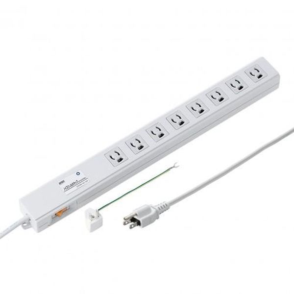 ●コンセント…3P(抜止)×8口●コード長…2m●定格…15A・125V(合計1500Wまで)●プラグ…3P（3P→2P変換アダプタ付き）●コード…VCTF　2.0スケア（SQ）×2心、0.75スケア（SQ）×1心（アース）仕上がり外形寸法　約直径8.5mm●バリスタ電圧…470V●制限電圧…775V(50A)●サージ耐量…5500A(2回)●サイズ…504(W)×54(D)×40(H)mm●ノイズフィルタ特性…0.5〜10MHzで30dB以上・電源ライン間ノイズ（ノーマルモード）・電源ライン-アース間ノイズ（コモンモード）●使用地域…日本国内のみ。日本以外ではご使用いただけません。●認証…電気用品安全法（PSE）技術基準適合品●ノイズフィルタ、マグネットが付いた抜け止めタップです。3P・8個口・2m。●電源ノイズフィルタを内蔵したライン型タップです。●雷サージ吸収素子（バリスタ）を内蔵し、雷サージから接続機器を守ります。●過大な雷サージ侵入時、バリスタの破損を防ぐヒューズ入りです。（LEDによる動作表示）●一括集中スイッチが付いているので、一括ON・OFF可能です。●抜け止めの差込口ですので、不意のプラグ抜けがなく安心して使用できます。●スチール机などに簡単に取付けできるマグネット付きです。●プラグは3P（接地付き）プラグで3P→2P変換アダプタ付きです。●アース接続ができる、アース端子付きです。●壁にネジなどで仮固定することができるフック穴付きです。●差込口には熱に強いユリア樹脂を採用し、ケースは二重成型の安全設計です。EA815GM-347楽天 HD店　