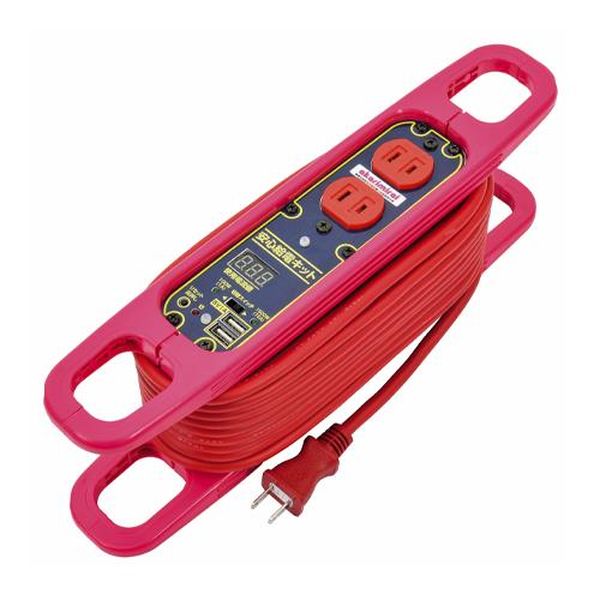 ●コンセント数…AC100V×2USB：5V×2●コンセント定格…2P・15A・125V●許容電流…20A●電線仕様…SVCTF　2.0mm2×2心●コード長…10m●サイズ…68(W)×118(D)×350(H)mm●重量…1.6kg●定格電流…(全巻時)7A(全延時)15A●漏電遮断器タイプ…過負荷保護専用●過負荷電流…1A/15A(切替式)●仕様…屋内型●入力…AC100V●出力…AC100V：100W/1500W切替式USB：DC5V 1A●使用電流値メーター、過電流警告ブザー、リセットボタン付●パイロットランプ付●使い過ぎたら給電をストップ、使用電流値が一目でわかるデジタルメーター付●車載コンセントは便利ですが、使いすぎるとヒューズが切れて交換しなければいけません。「安心給電キット」は車のヒューズが切れる前に給電をストップする商品です。●車載コンセントに繋ぎ、給電キットから電力を使用することで、使い過ぎた場合に給電をストップします。●使用電流値が一目でわかるデジタルメーター付き、ストップする上限は100W（1A）/1500W（15A）切替え式です。●車載ヒューズの上限に応じて切り替えて使用してください。EA815GV-26楽天 HD店　