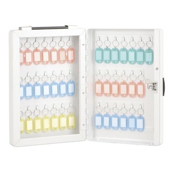 ●キーハンガー数…40個●サイズ(mm)…223×65×327(H)●重量…1.9kg●材質…本体：スチール、ABS樹脂、PVCキーホルダー：ポリプロピレン●付属品…キーホルダー40個（赤13個・青13個・黄7個・緑7個）、シリンダーキー2本、木ネジ3本（約30mm）●鍵2本付●持ち運びに便利な取っ手付●壁掛けや持ち運びもできるシンプルなキーボックスです。●キーリングで取り付けるタイプなので、専用ホルダーがなくても使用できます。●壁掛け式●キーホルダーの中には、書き込み可能な見出し用紙が付いています。●色分類できるキーホルダーが便利です。EA956VG-3楽天 HD店　