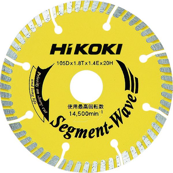 ・波形セグメントタイプで、長寿命と切れ味を両立しています。・一般建材(硬質コンクリート・コンクリート・レンガ・ALC・モルタル・ブロック)などの切断に。・外径(mm)：105・刃厚(mm)：1.8・穴径(mm)：20.0・チップ高さ(mm)：6・最高使用回転数(rpm)：14500・付属リング穴径(mm)：15・乾式・波形セグメントタイプ(長寿命+切れ味)・台金：工具鋼・チップ：ダイヤ砥粒他・日立工機(株)のブランドは、2018年10月「HiKOKI」に変わりました。・生産国 日本・JANコード 4966375622154・質量 144g・コード：377-9106 ・品目：003246180032-4618楽天 HD店　