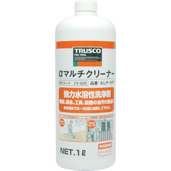 ・各種設備機械・部品・工具などの油汚れを除去するために最適な水溶性アルカリ性洗浄剤です。・PRTR法対象物質を含みません。・機械、部品、工具、設備の油汚れ除去。・設備工場などのフロア洗浄。・大型機械、設備外面の洗浄。・工具・エンジン外面の汚れ除去。・希釈倍率:工場フロアの洗浄:10〜15倍、工具・エンジン外面の洗浄:5〜10倍・容量(L)：1・希釈倍率：原液〜15倍　・pH値：13(アルカリ性)・容量(ml)：1000・主成分:グリコール系溶剤、界面活性剤・非危険物・アルミ容器を使用しての希釈、容器の移し替え(小分け)などしないでください。・生産国 日本・JANコード 4989999442069・質量 1kg・コード：175-9230 ・品目：ALPMP1ALP-MP1楽天 HD店　